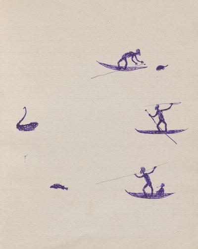 Aboriginals Spearing Turtle, Swan and Fish by Tommy McRae